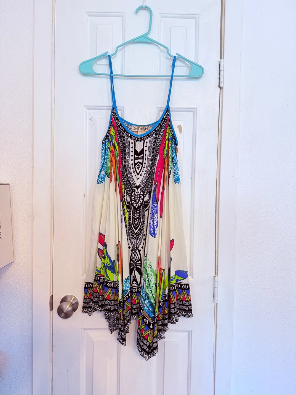 Flying Tomato Cream Handkerchief Hem Sundress with Multicolor Tribal Print